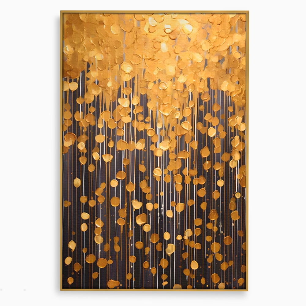 Tablou canvas cu pictura abstracta cu picaturi aurii, in rama de aluminiu auriu